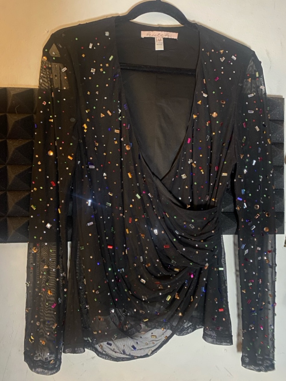 Hutch Black Sheer Draped Blouse with Multicolor Sequin Embellishment